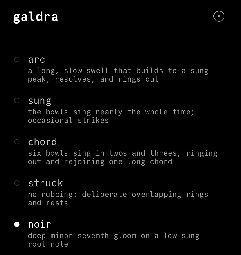 Galdra’s main session picker: arc, sung, chord, struck, and noir, each with a description of how the sound bath unfolds.
