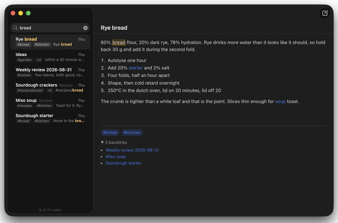 Knap searching for bread, with matching notes beside a Rye bread note and its backlinks.