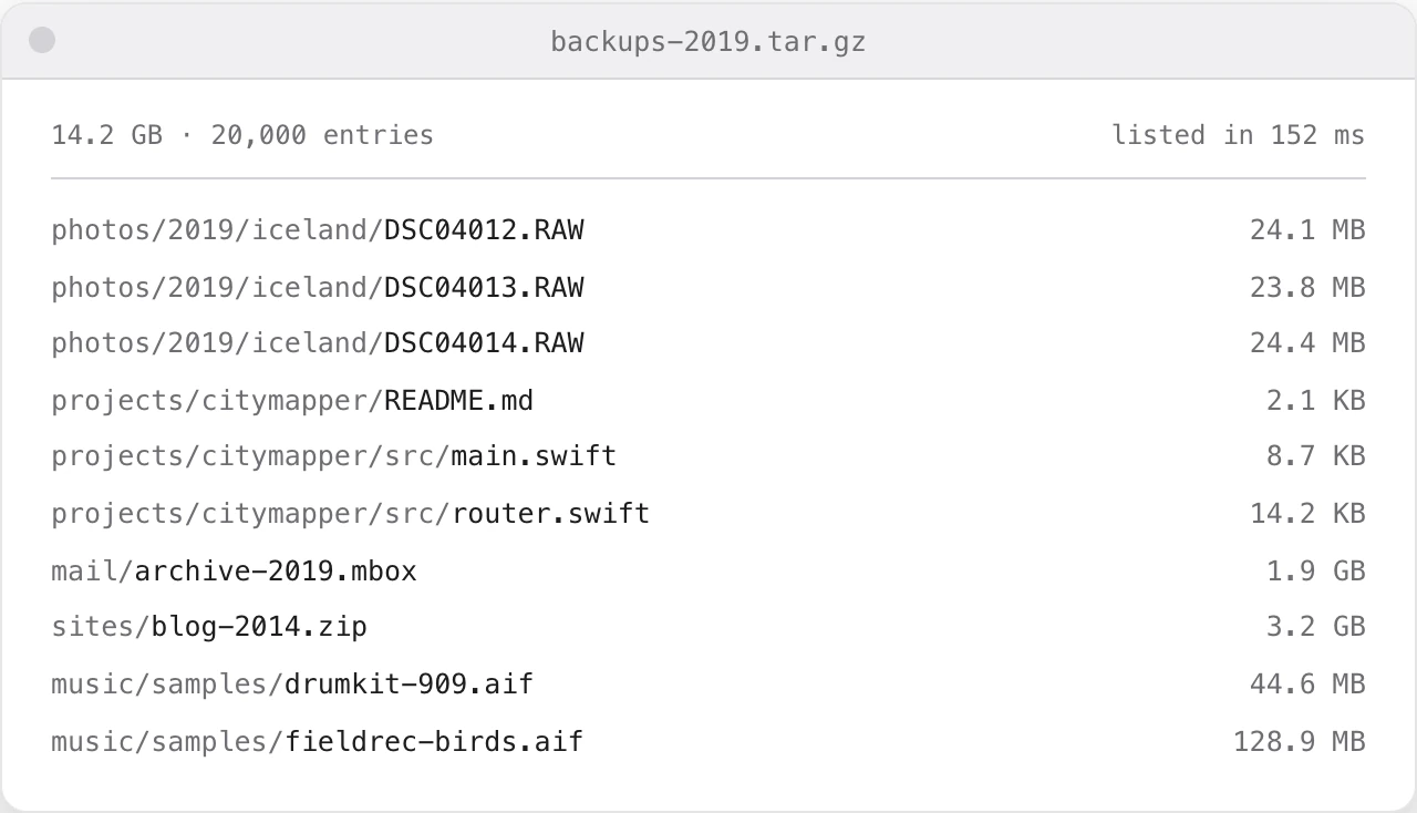 Spacebar’s website demo showing a list of files inside a compressed archive.