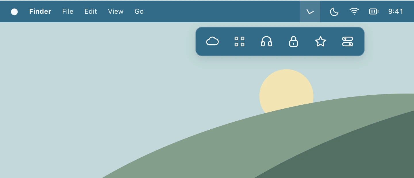 Tuck’s illustrated demo with hidden menu bar icons revealed in a tray beneath the chevron.